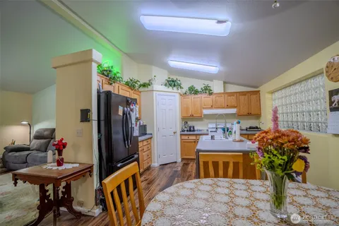 a view of a dining room with furniture