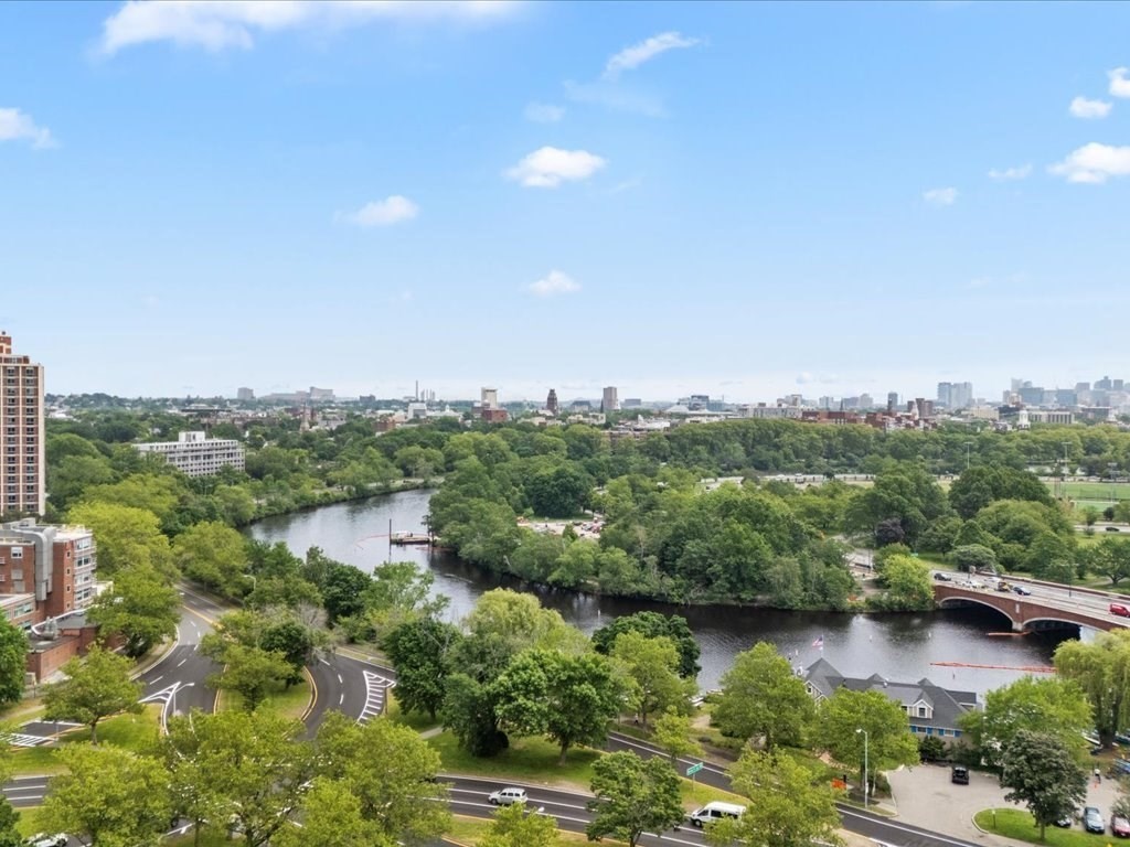 1010 Memorial Drive, Unit 6G Cambridge, MA 02138 - Photo 3 of 22 an aerial view of green landscape with trees houses and lake view