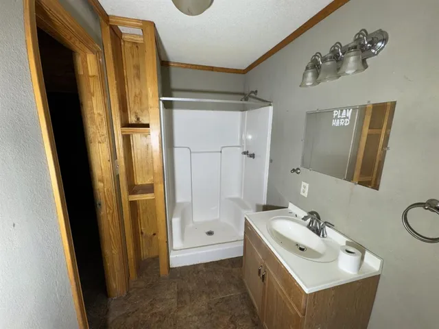 a bathroom with a sink a mirror and a shower