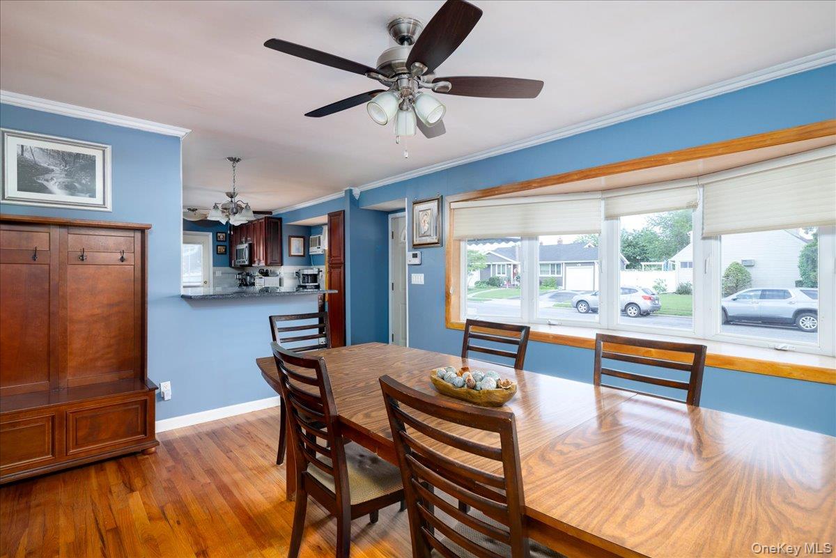 11 Adelphi Road Hicksville, NY 11801 - Photo 6 of 26 a view of a dining room with furniture a chandelier and wooden floor