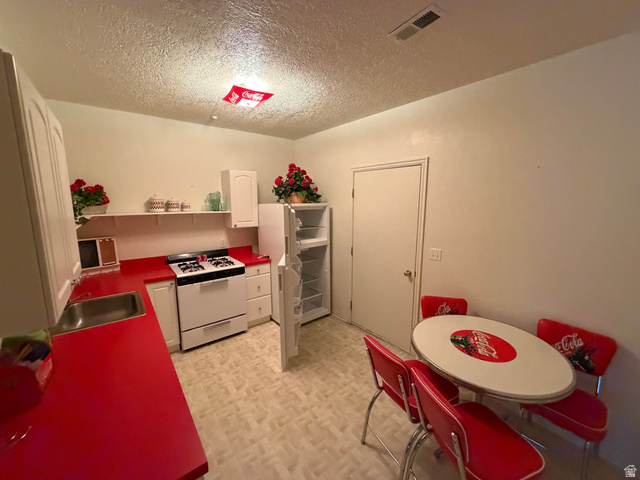 10000 North 6730th East Spring City, UT 84662 - Photo 15 of 31 Compact kitchen featuring red countertops, white cabinetry, a gas range, a stainless steel sink, and patterned flooring