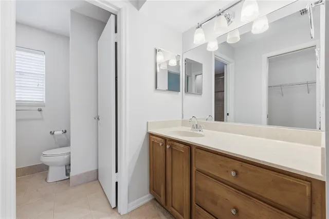 a bathroom with a sink a toilet and a large mirror