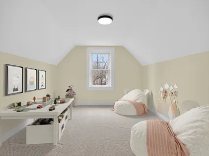 a bedroom with furniture and a chandelier