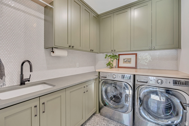 1720 Hillcrest Circle Mapleton, UT 84664 - Photo 51 of 116 Laundry room featuring cabinet space, washing machine and clothes dryer, and dark aggregate flooring