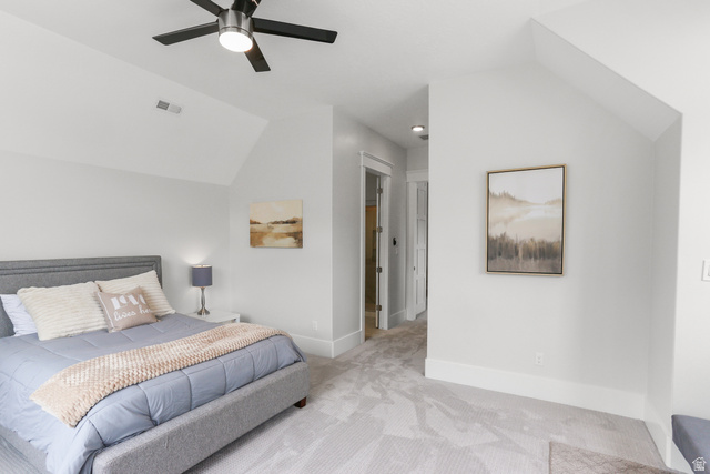 1354 South 800 East Mapleton, UT 84664 - Photo 64 of 129 Bedroom with lofted ceiling, light carpet, and ceiling fan