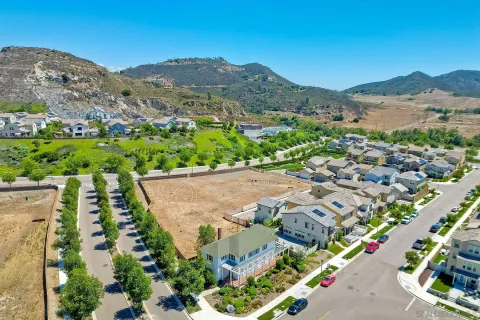 an aerial view of green landscape with trees houses and mountain view