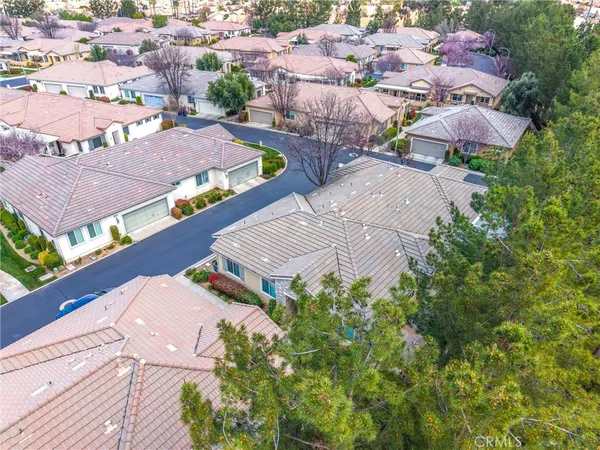 an aerial view of a house with a yard and potted plants