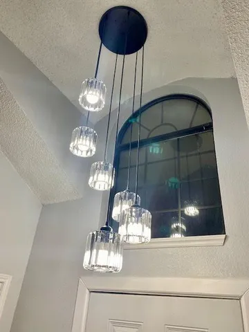 a room with a chandelier