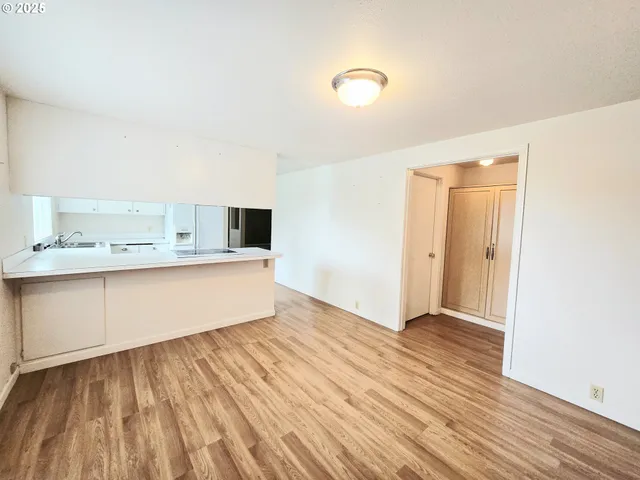 a view of a kitchen with wooden floor