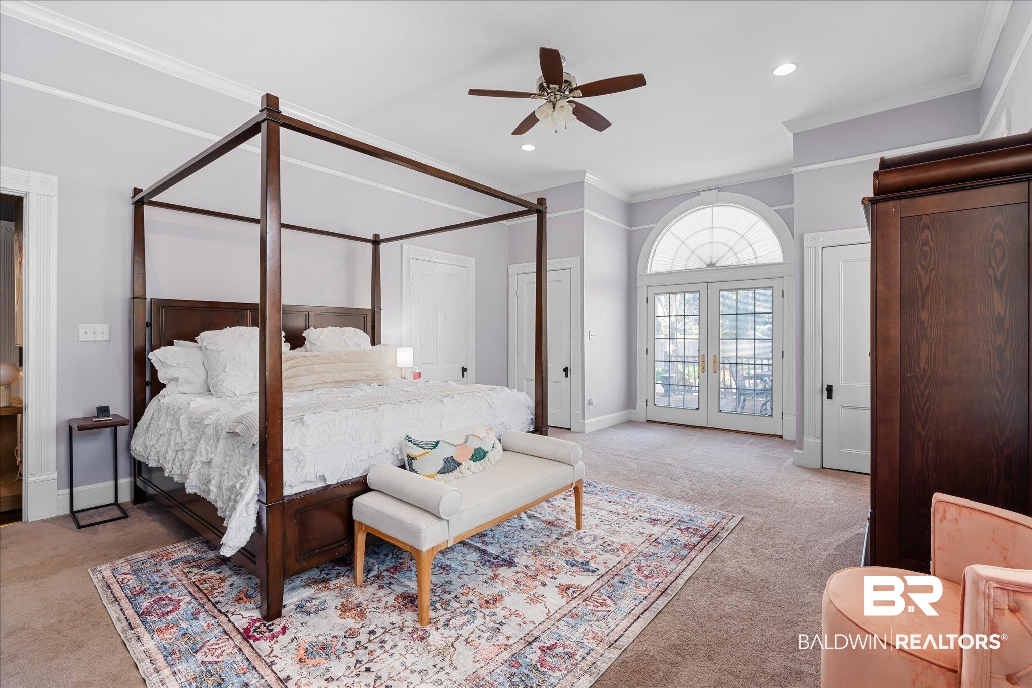 1210 Government Street Mobile, AL 36604 - Photo 13 of 37 Carpeted bedroom with french doors, ceiling fan, and crown molding