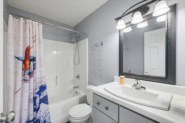 a bathroom with a sink a toilet a mirror a bathtub and shower