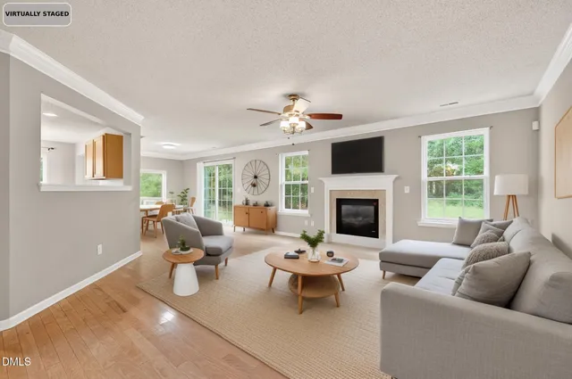 a living room with furniture a fireplace and a flat screen tv