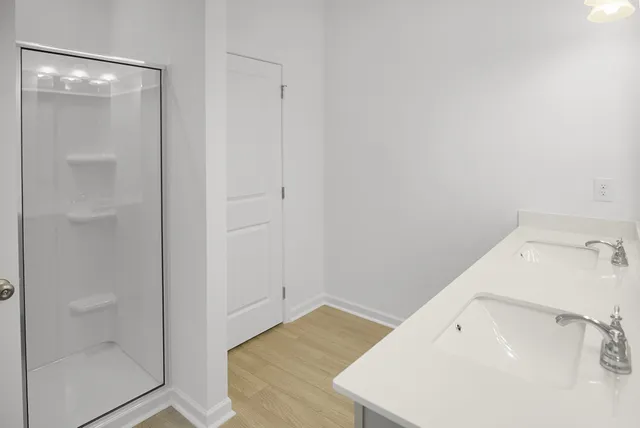 a bathroom with a sink and a shower