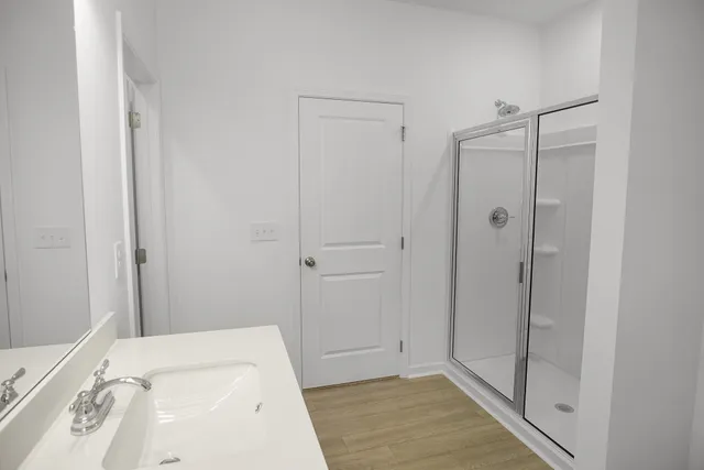 a bathroom with a sink a shower and a mirror