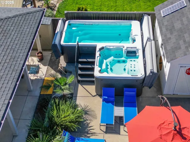 an outdoor view with patio