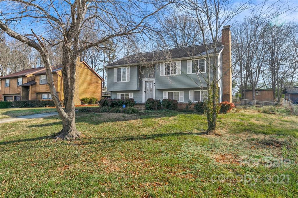a view of a house with a yard and a tree