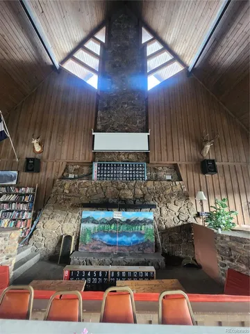 a living room with blue lights