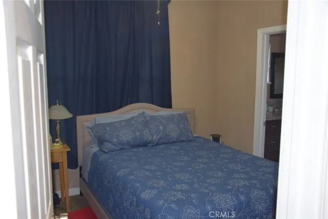 a bedroom with a bed and a closet