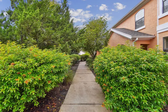 a view of a pathway with a building in the background