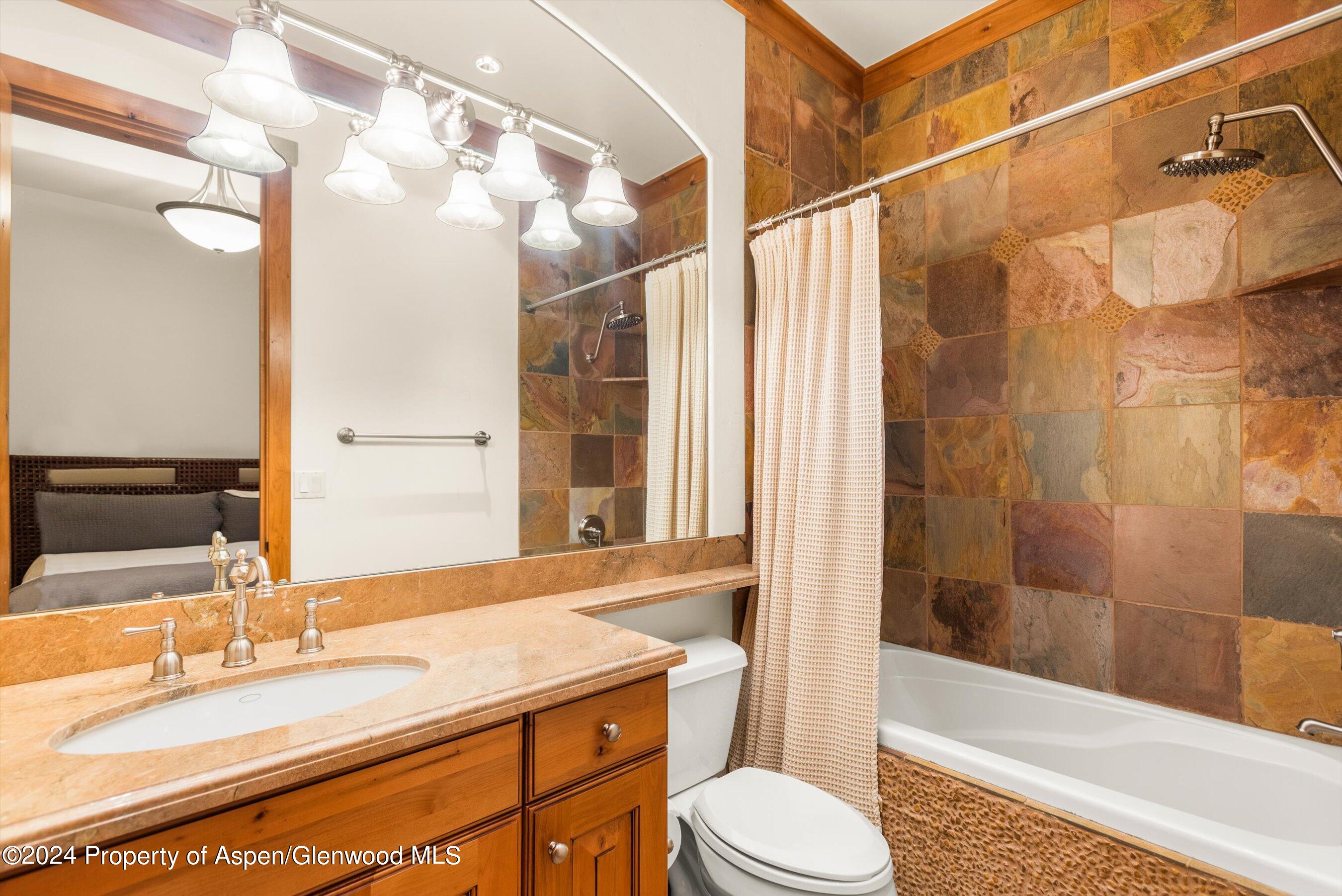 101 South 7th Street, Unit A Aspen, CO 81611 - Photo 34 of 35 a bathroom with a granite countertop sink toilet a mirror and shower
