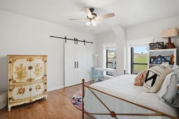 a bedroom with a bed and a walk in closet