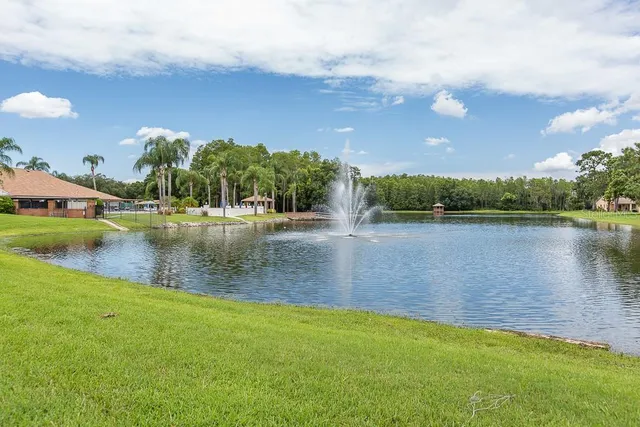 a view of a lake with houses in the back