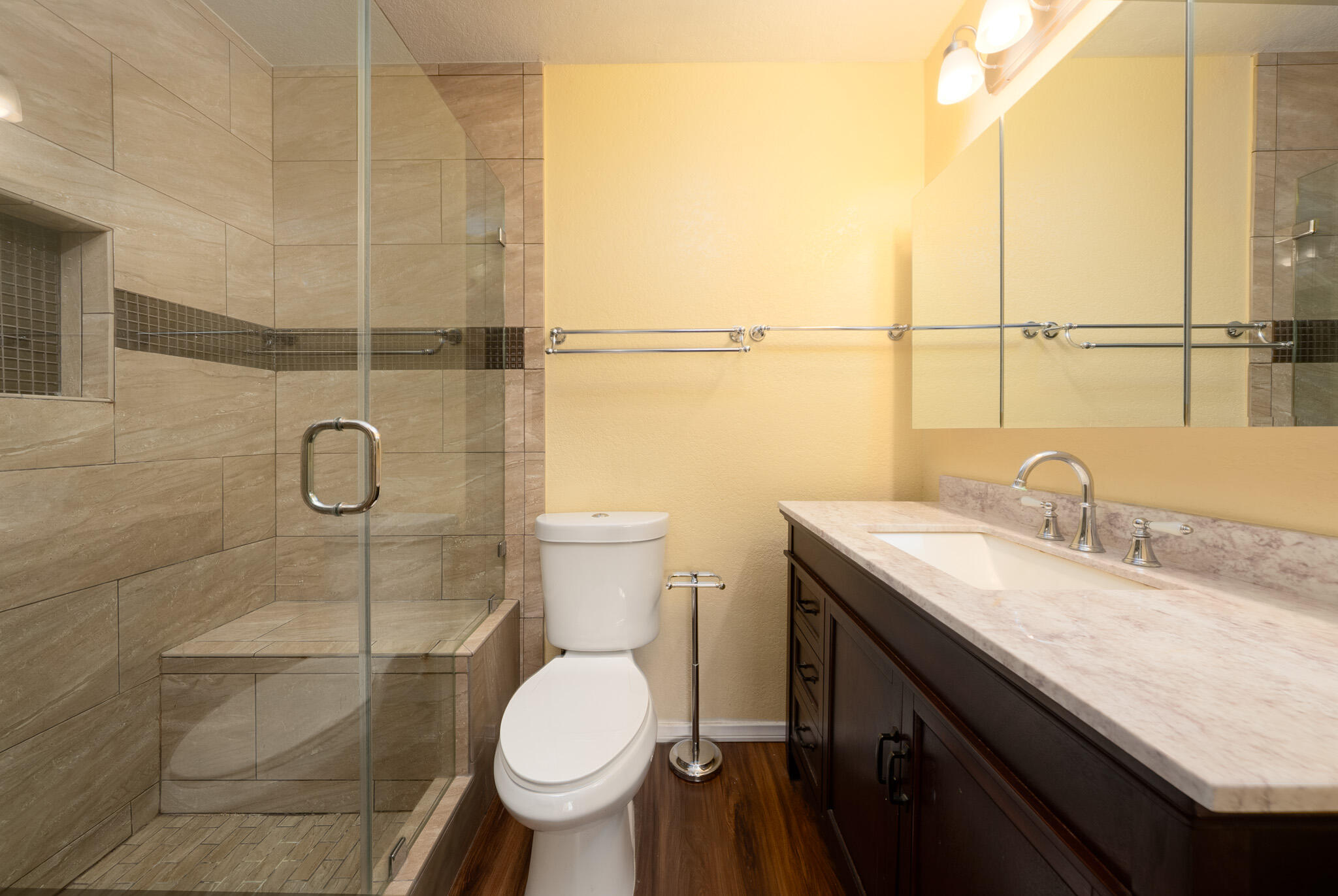343 West Mariscal Road Palm Springs, CA 92262 - Photo 13 of 32 a bathroom with a granite countertop sink toilet and shower