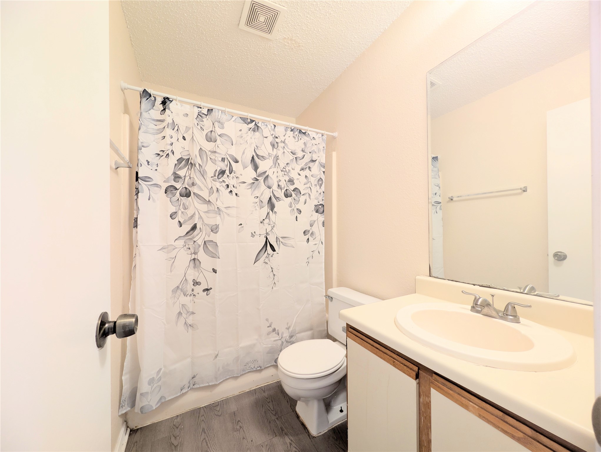 2018 Redwing Way Round Rock, TX 78664 - Photo 18 of 27 Guest Bathroom featuring a single vanity with a white countertop and oval sink, wall-mounted mirror, and wood-finish flooring