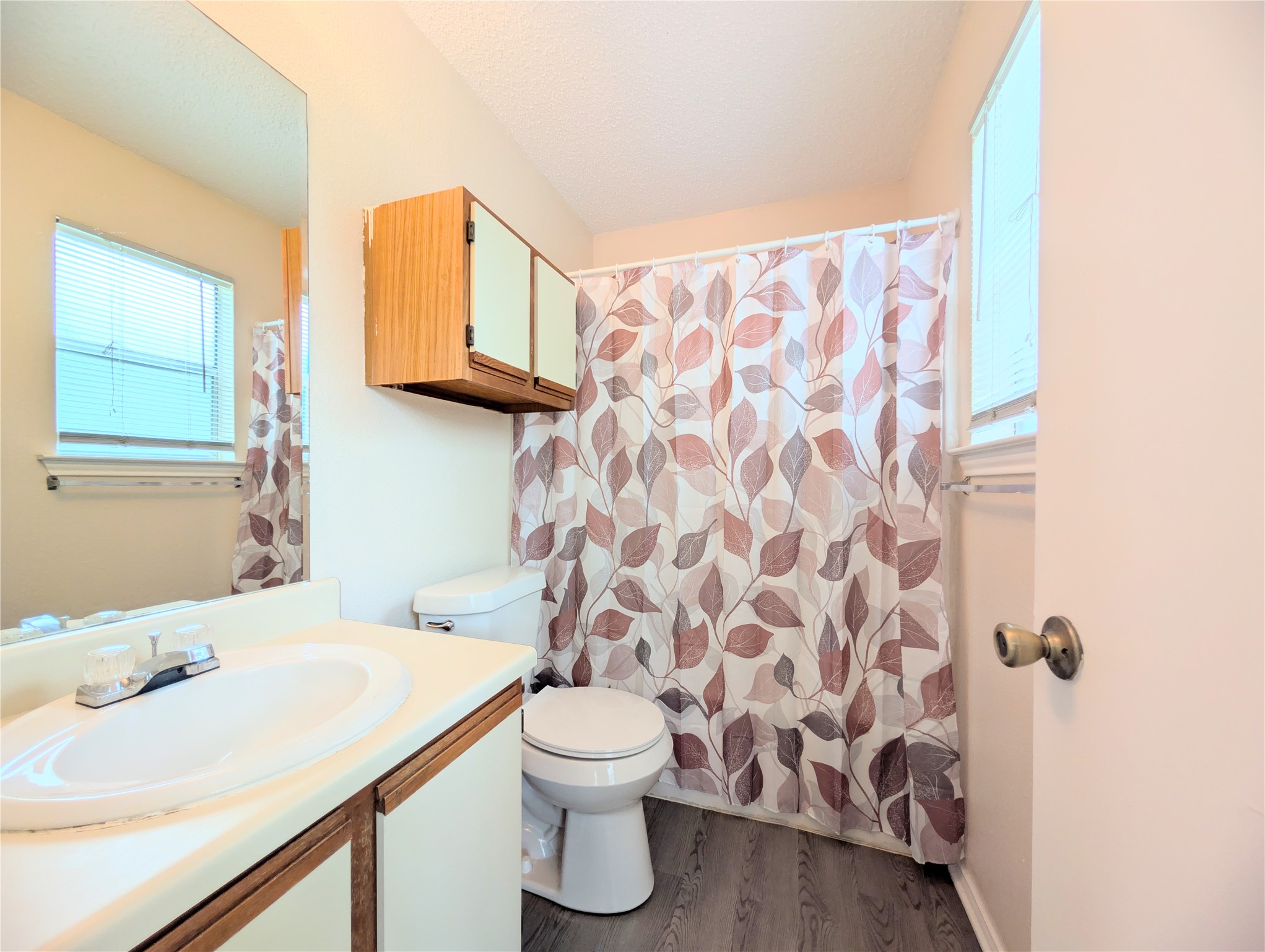 2018 Redwing Way Round Rock, TX 78664 - Photo 21 of 27 Primary bathroom featuring wood-finish flooring, a vanity with an integrated sink, and an overhead storage cabinet