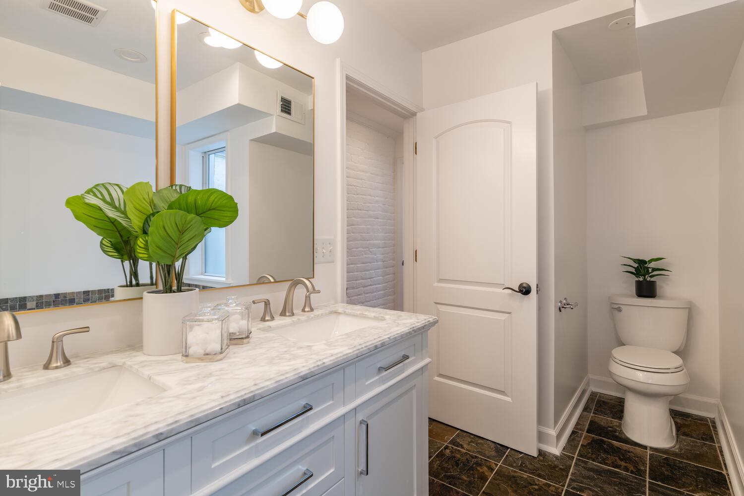 302 L Street Southeast Washington, DC 20003 - Photo 24 of 32 a bathroom with a granite countertop sink a toilet and a mirror
