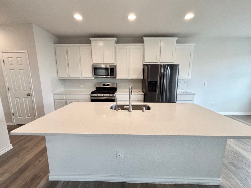 7606 Elk Grove Path Austin, TX 78653 - Photo 8 of 40 Kitchen featuring stainless steel appliances, white cabinetry, tasteful backsplash, and recessed lighting