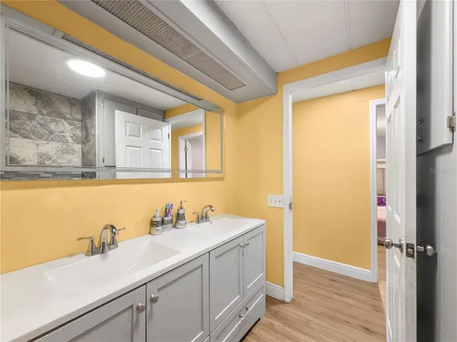 a bathroom with a sink and a mirror