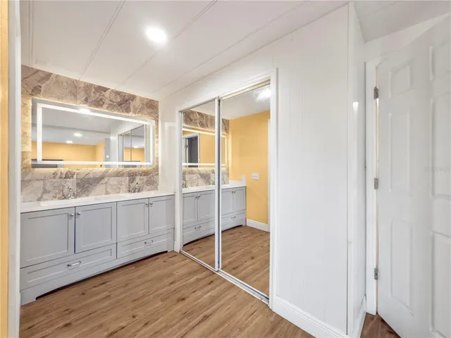 a bathroom with a sink and a mirror