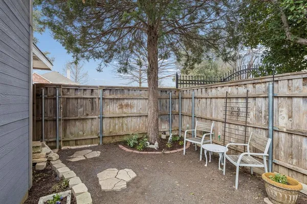 a backyard of a house with table and chairs