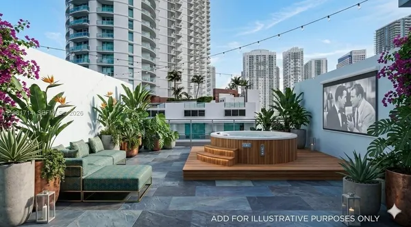 a view of a swimming pool with outdoor seating and plants