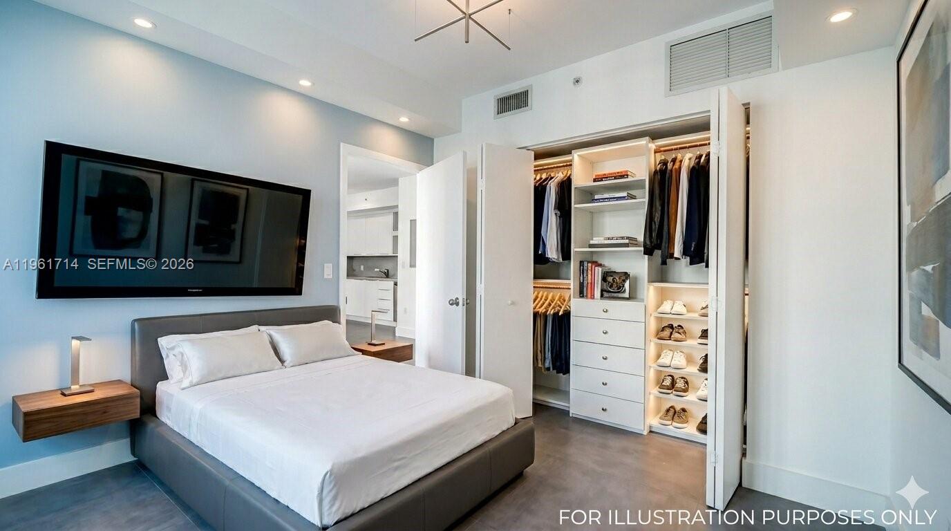 90 Southwest 3rd Street, Unit TH706 Miami, FL 33130 - Photo 2 of 37 a bedroom with a bed and a flat tv screen