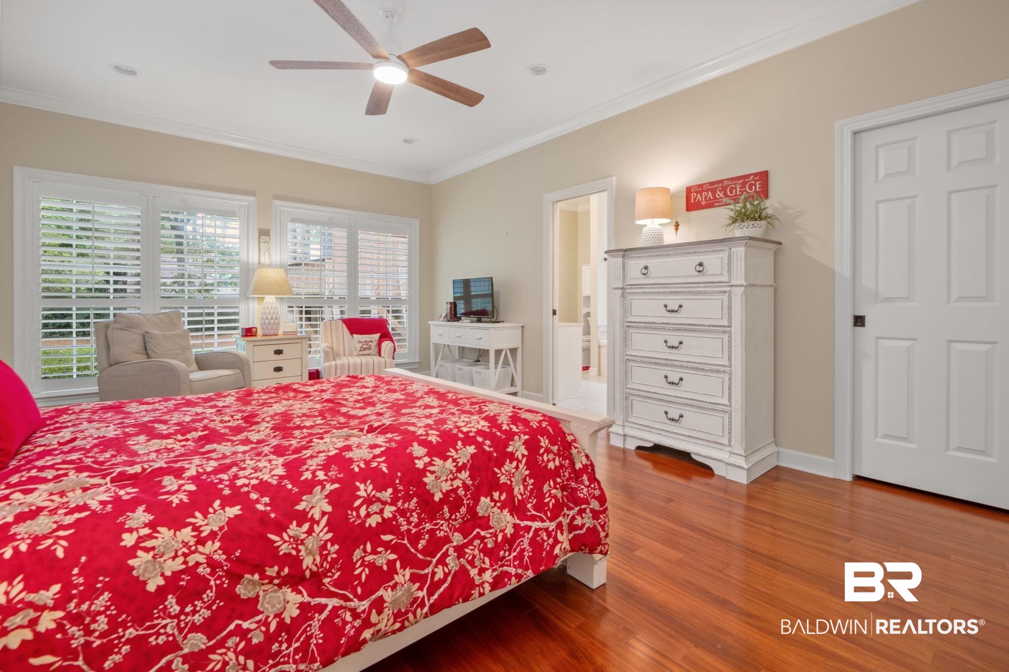 105 Beaver Dam Road Fairhope, AL 36532 - Photo 18 of 55 Bedroom with ornamental molding, hardwood / wood-style flooring, and ceiling fan