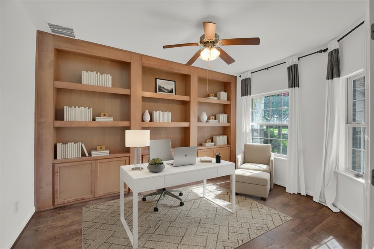 Home office with wood floors and built in shelves. Virtually staged.