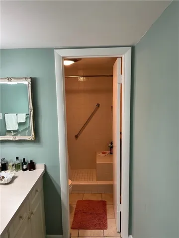 a bathroom with a sink a mirror and a shower