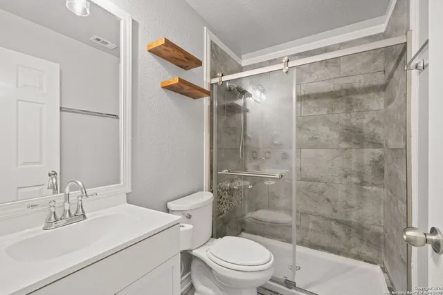 a bathroom with a shower sink vanity mirror and toilet