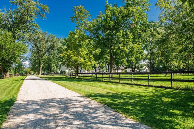 a view of a park with large trees