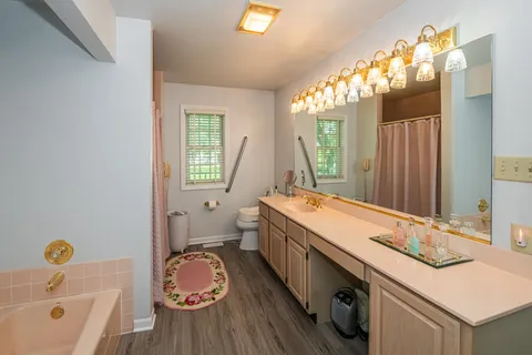 a bathroom with a granite countertop sink and a large mirror