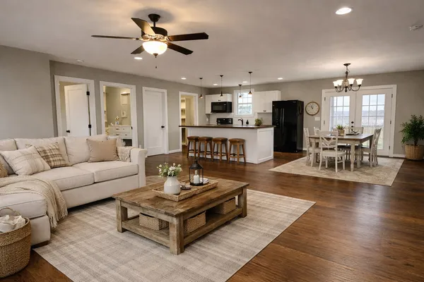 a living room with furniture kitchen view and a wooden floor