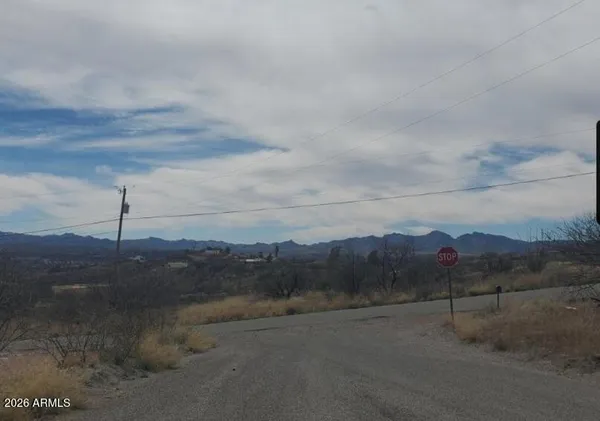 a view of a town with mountains in the background