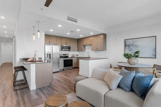 a living room with furniture and a potted plant
