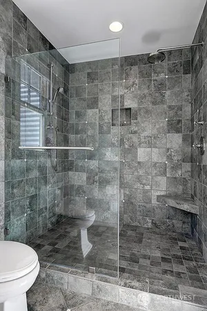 a bathroom with a toilet and a shower