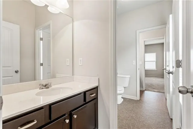 a bathroom with a sink a toilet and a large mirror