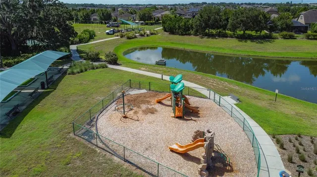 a view of a lake with a yard