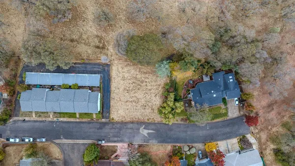 aerial view of a house with a yard and large tree