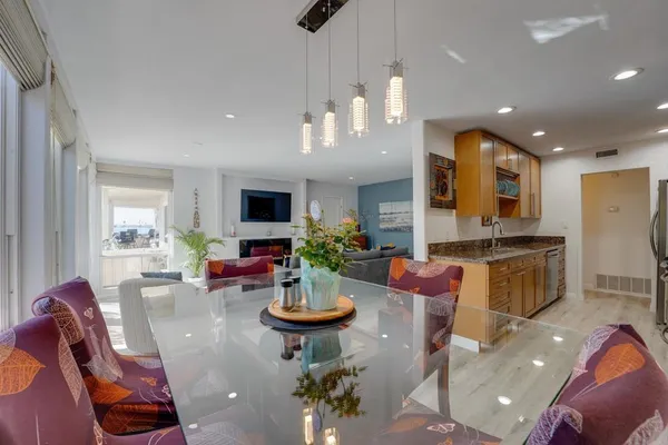 a view of a dining room with furniture